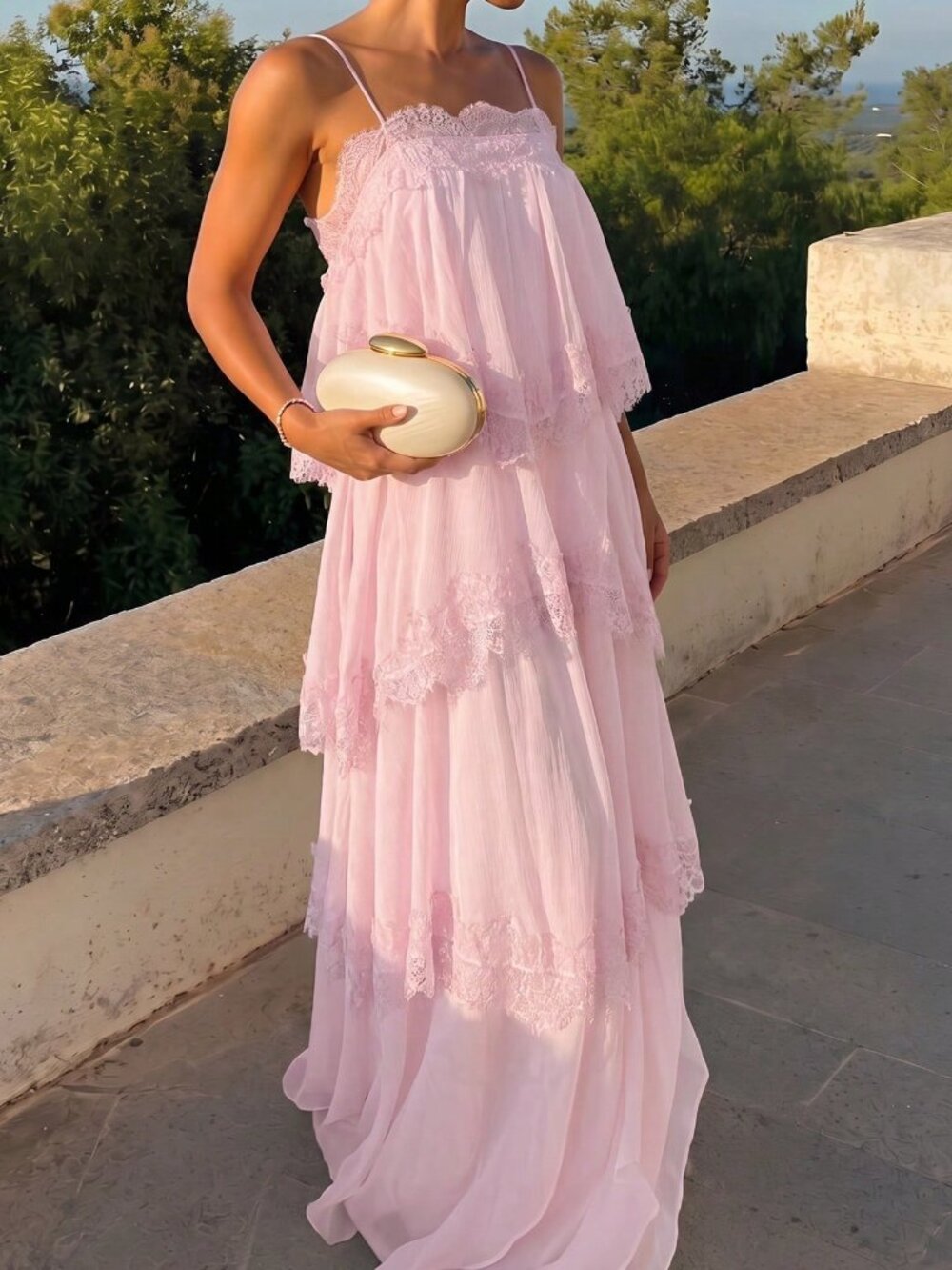 Baby Pink Casual Women's Ruched Contrast Lace Adjustable Strap Backless Dress